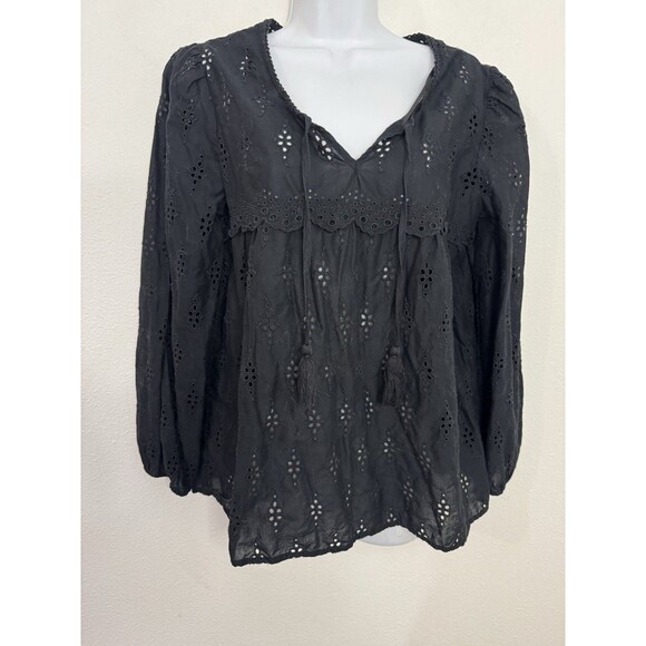 Style & Co Eyelet Tassel Balloon Long Sleeve Blouse Black Women’s Size M EUC - Picture 1 of 6